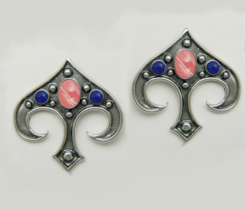 Sterling Silver Gothic Inspired Drop Dangle Earrings With Rhodocrosite And Lapis Lazuli